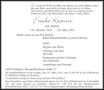 Todesanzeige von fallen Sonnenstrahlen in unsere Herzen. Julius Brigitte und Heinz Christine und Sven mit Emil Katharina und Jens Christian mit Ferdinand Angehörige und Freunde 42659 Solingen dem 25. März 2011 von Rheinische Post