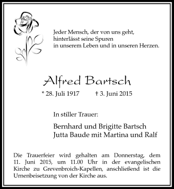 Todesanzeige von Alfred Bartsch von Rheinische Post