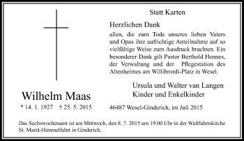 Todesanzeige von Wilhelm Maas von Rheinische Post