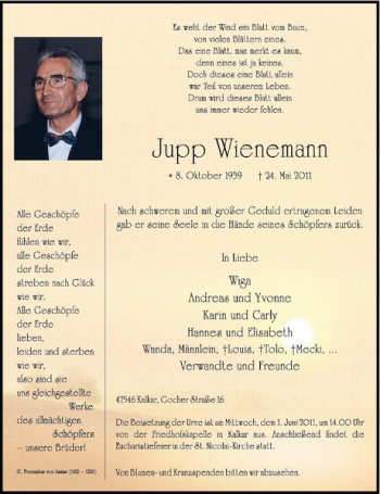 Todesanzeige von Jupp Wienemann von Rheinische Post
