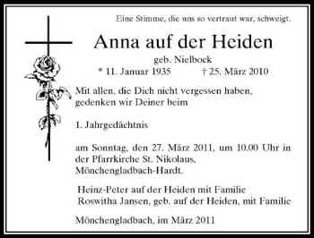 Todesanzeige von Anna auf der Heiden von Rheinische Post