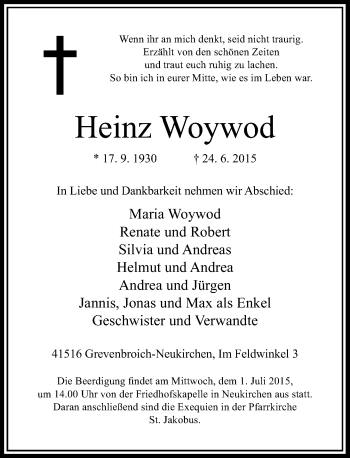 Todesanzeige von Heinz Woywod von Rheinische Post