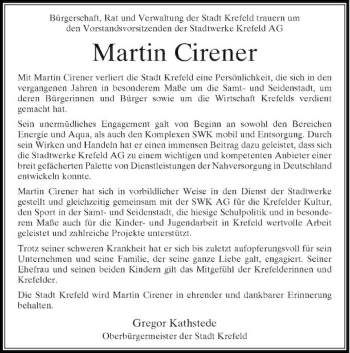 Todesanzeige von Bürgerschaft Rat und Verwaltung der Stadt Krefeld trauern um den Vorstandsvorsitzenden der Stadtwerke Krefeld AG von Rheinische Post