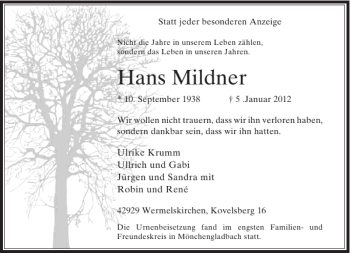 Todesanzeige von Hans Mildner von Rheinische Post