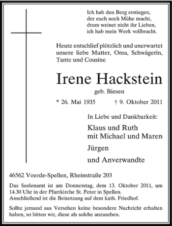 Todesanzeige von Irene Hackstein von Rheinische Post