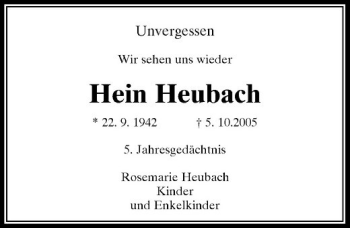 Todesanzeige von Hein Heubach von Rheinische Post