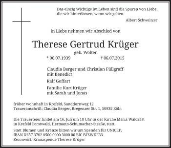 Todesanzeige von Therese Gertrud Krüger von Rheinische Post