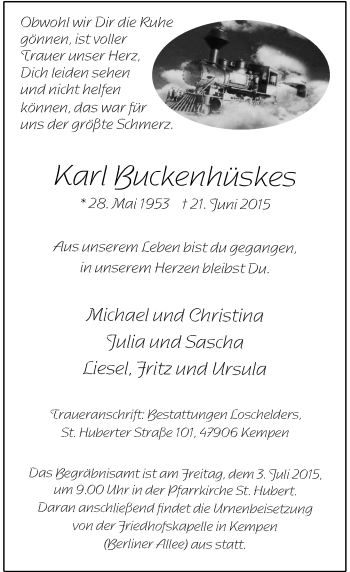 Todesanzeige von Karl Buckenhüskes von Rheinische Post