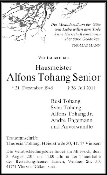 Todesanzeige von Der Der Mensch soll um der Güte und Liebe willen dem Tode keine Herrschaft einräumen über seine Gedanken. THOMAS MANN von Rheinische Post