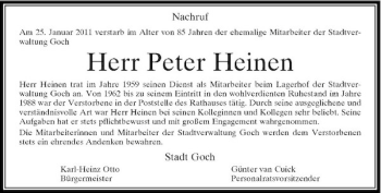 Todesanzeige von Nachruf Nachruf Am 25. Januar 2011 verstarb im Alter von 85 Jahren der ehemalige Mitarbeiter der Stadtverwaltung Goch von Rheinische Post