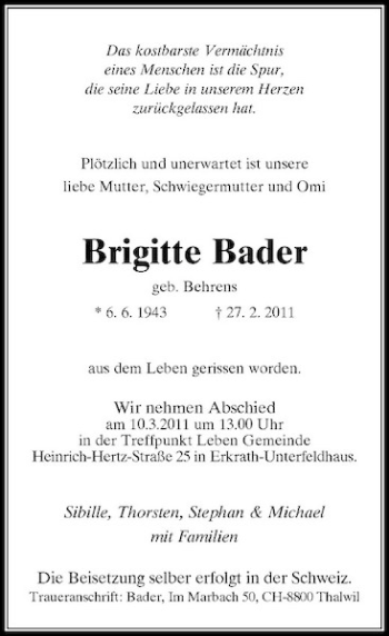 Todesanzeige von Brigitte Bader von Rheinische Post