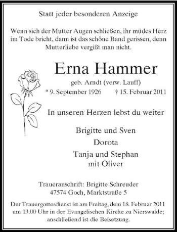 Todesanzeige von Erna Hammer von Rheinische Post