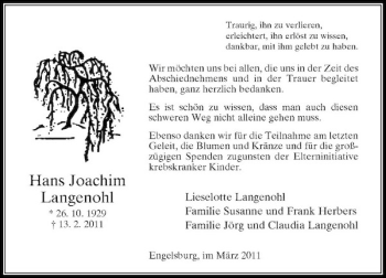 Todesanzeige von Hans Joachim Langenohl von Rheinische Post