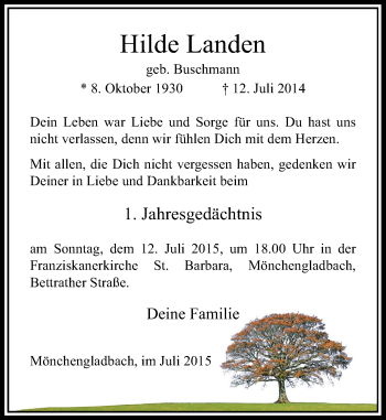 Todesanzeige von Hilde Landen von Rheinische Post