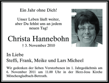 Todesanzeige von Christa Hannebohn von Rheinische Post