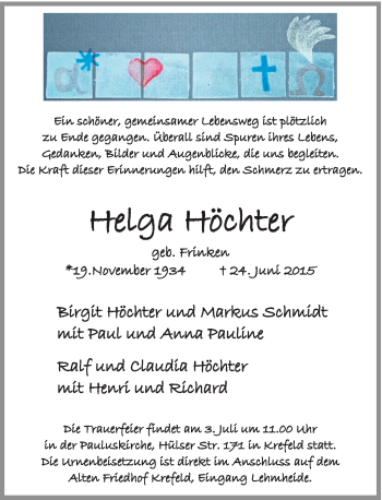 Todesanzeige von Helga Höchter von Rheinische Post