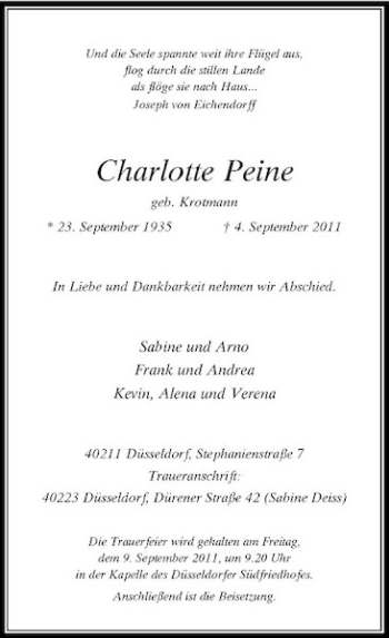 Todesanzeige von Charlotte Peine von Rheinische Post
