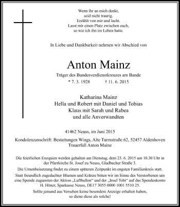 Todesanzeige von Anton Mainz von Rheinische Post