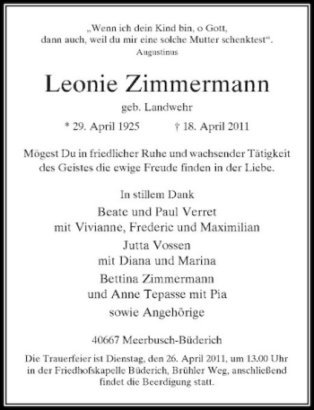 Todesanzeige von Leonie Zimmermann von Rheinische Post