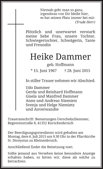 Todesanzeige von Heike Dammer von Rheinische Post