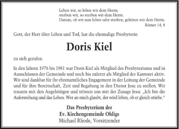 Todesanzeige von Kiel Doris von Rheinische Post