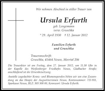 Todesanzeige von Ursula Erfurth von Rheinische Post
