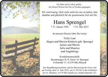 Todesanzeige von Hans Sprengel von Rheinische Post