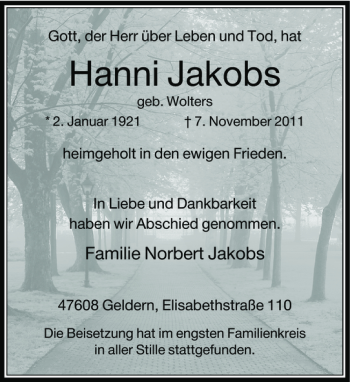 Todesanzeige von Hanni Jakobs von Rheinische Post