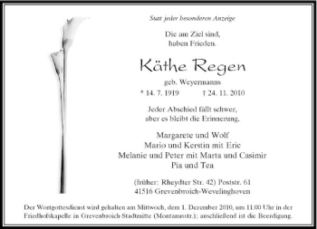 Todesanzeige von Käthe Regen von Rheinische Post