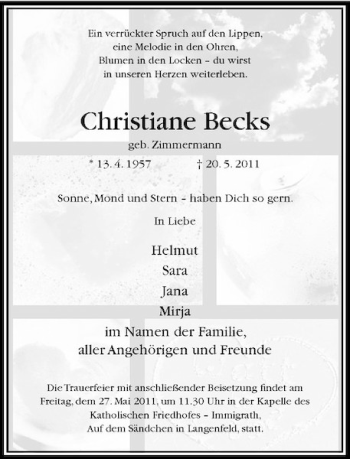 Todesanzeige von Christiane Becks von Rheinische Post