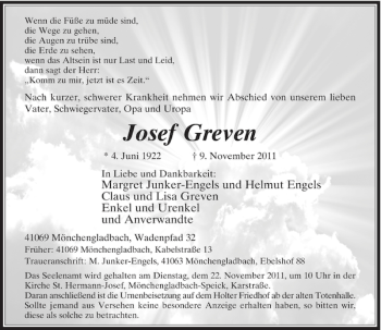 Todesanzeige von Josef Greven von Rheinische Post