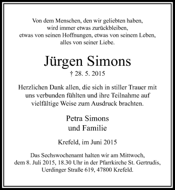 Todesanzeige von Jürgen Simons von Rheinische Post
