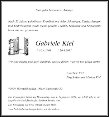Todesanzeige von Gabriele Kiel von Rheinische Post