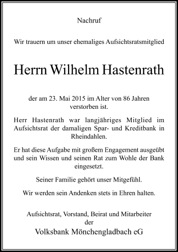 Todesanzeige von Wilhelm Hastenrath von Rheinische Post