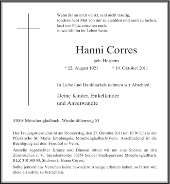 Todesanzeige von Hanni Corres von Rheinische Post