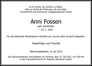 Todesanzeige von Anni Fossen von Rheinische Post