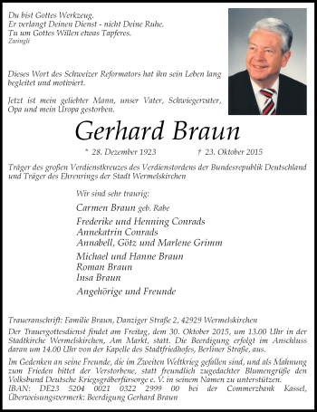 Todesanzeige von Gerhard Braun von Rheinische Post