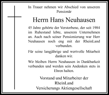 Todesanzeige von Hans Neuhausen von Rheinische Post