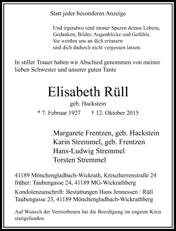 Todesanzeige von Elisabeth Rüll von Rheinische Post