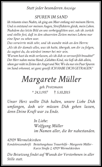 Todesanzeige von Margarete Müller von Rheinische Post
