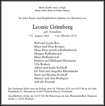 Todesanzeige von Leonie Grimberg von Rheinische Post