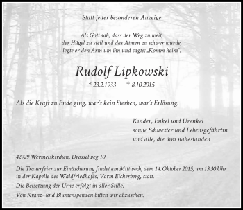 Todesanzeige von Rudolf Lipkowski von Rheinische Post