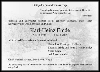 Todesanzeige von Karl-Heinz Emde von Rheinische Post