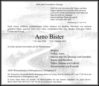 Todesanzeige von Arno Bister von Rheinische Post