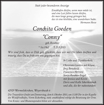 Todesanzeige von Conchita Goeden von Rheinische Post