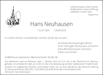 Todesanzeige von Hans Neuhausen von Rheinische Post