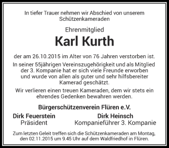 Todesanzeige von Karl Kurth von Rheinische Post
