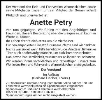 Todesanzeige von Anette Petry von Rheinische Post