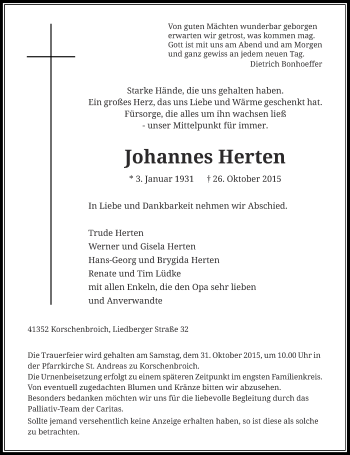 Todesanzeige von Johannes Herten von Rheinische Post