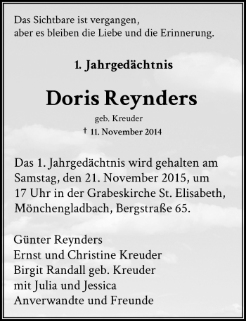 Todesanzeige von Doris Reynders von Rheinische Post